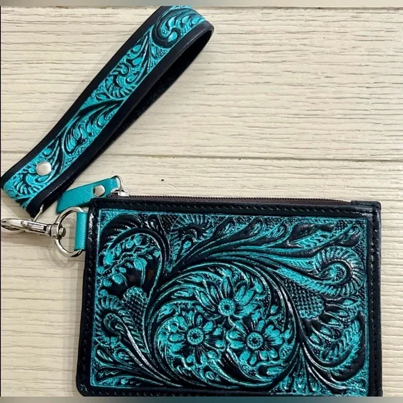 Unique Leather Card Wristlet Turquoise & Black Tooled Leather - Picture 2 of 8